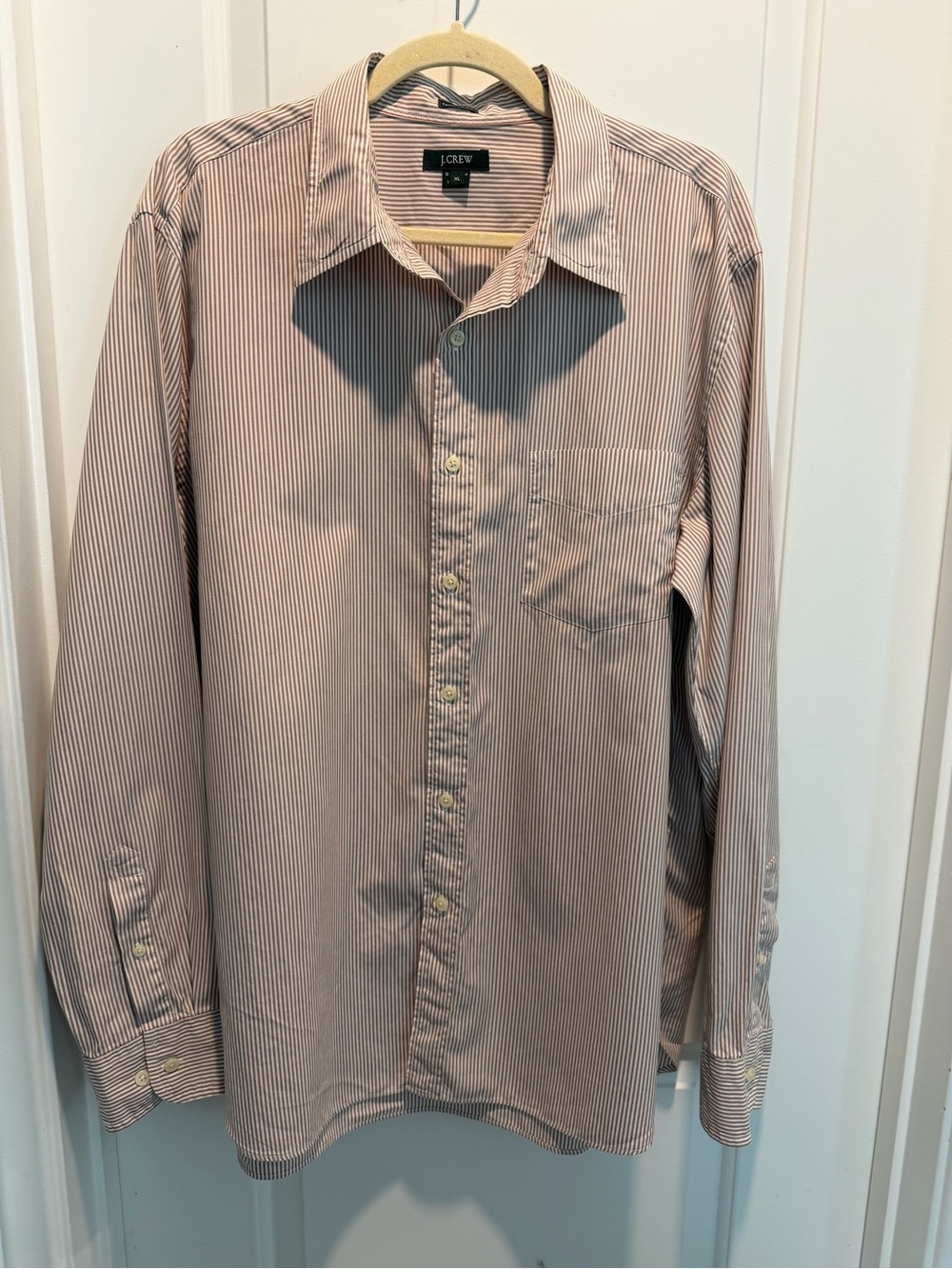 J. Crew Men's Red and White Fine-Striped Button-Down Shirt